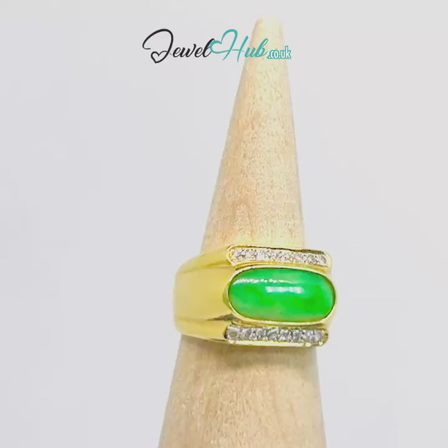 18k Gold Jade & Diamond Ring - Hallmarked (750) | UK R US 9 | Oval Jade & 0.48ct Diamonds