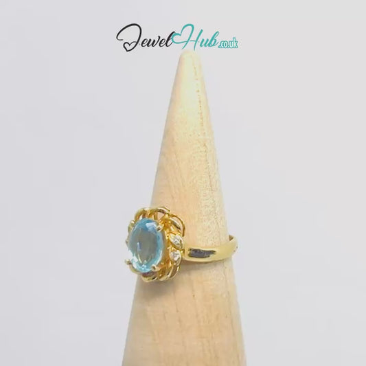 14K Gold Swiss Blue Topaz Ring – Hallmarked  (585) Centre Stone 4.19ct  | UK L US 6 | with Diamond Accents