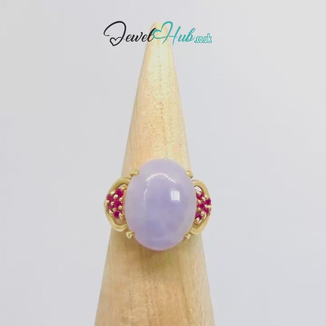 14K Gold Purple Jade & Ruby Crown Ring - Hallmarked (585)| UK P US 8 | Regal Stillness in Bloom