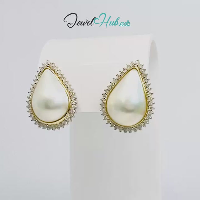 14K Solid Gold Pear-Shaped Halo Earrings with Diamond Pavé and Statement Pearl Luxury Craftsmanship