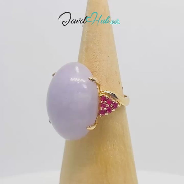 14K Gold Purple Cabochon Jade & Ruby Ring - Hallmarked (585) | UK O US 7.5 | Sovereignty in Bloom