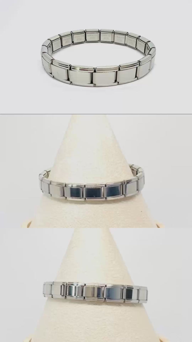 Italian Charm Bracelet by FortunaLink™ Silver Glossy Finish, 18 Hallmarked Stainless Steel Links