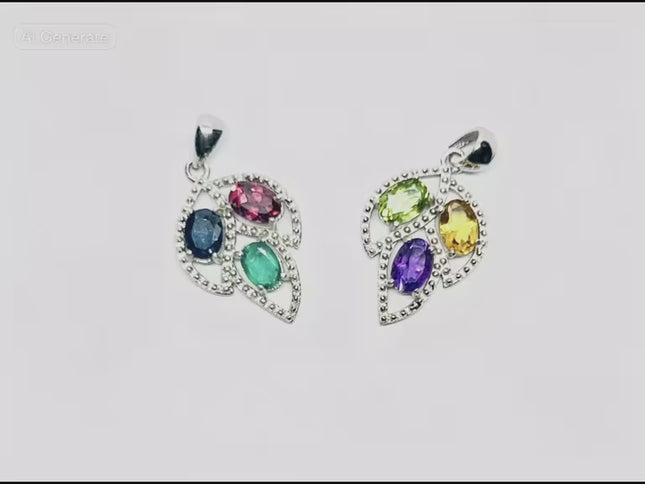 925 Sterling Silver Pendant with Ruby, Sapphire & Emerald | Noble Leaf in Multi-colour
