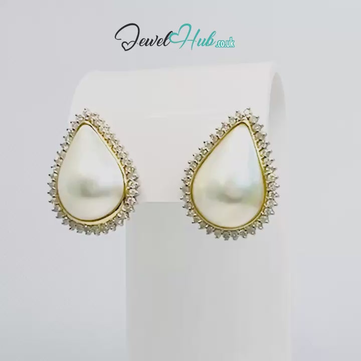 14K Gold Mabe Pearl & Diamond Earrings - 76 Diamonds, 20mm