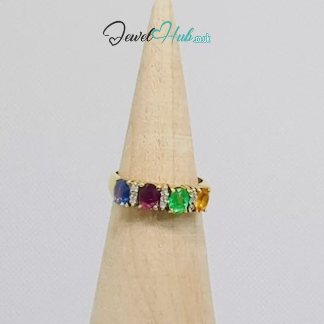 18K Gold Ring Hallmarked (750) Multi-colour Radiance Gemstones 2.2ct  & Diamonds| UK P US 8