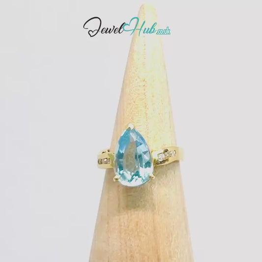 14k Gold Pear-Cut Topaz & Diamond Ring – Hallmarked (585) Centre Stone 4-carat | UK K US 5.5 | Statement Blue Collection