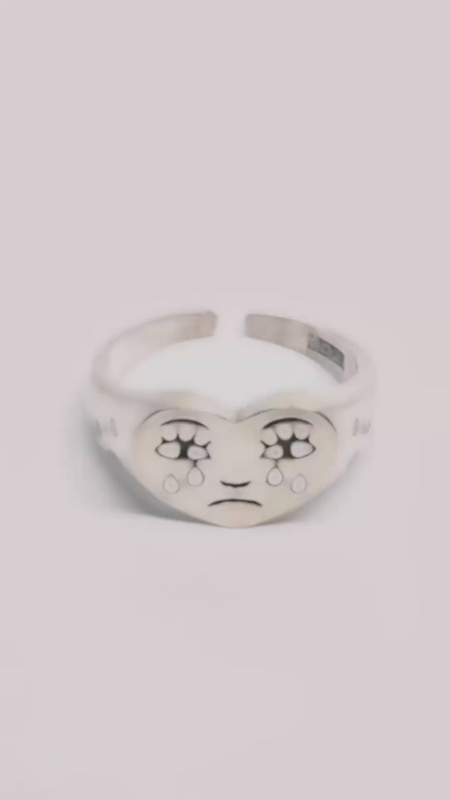 Signature Sad Heart Silver Ring | Hallmarked 925 Adjustable Band with Emotional Engraving