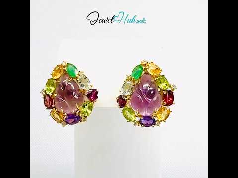 18k (750) Solid Gold Leaf Shape Amethyst multi-color Gemstones (15 pcs) Elegant Earrings
