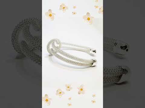 925 Sterling Silver Knot Mesh Cuff – Polished Open Bracelet with Textured Finish