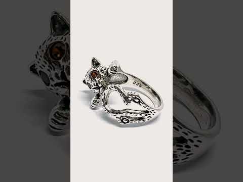 Wild Cat 925 Silver Ring | Adjustable Band with Red Gem Eyes #jewelhubcouk #finejewellery