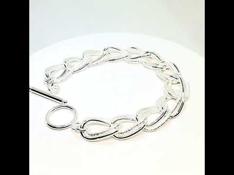 925 Sterling Silver Chain Bracelet — Textured Oval Links, Toggle Clasp