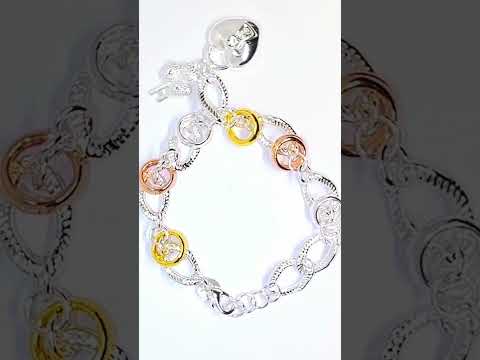 925 Sterling Silver Tri-Color Charm Bracelet | Heart Lock, Key & Sculptural Links
