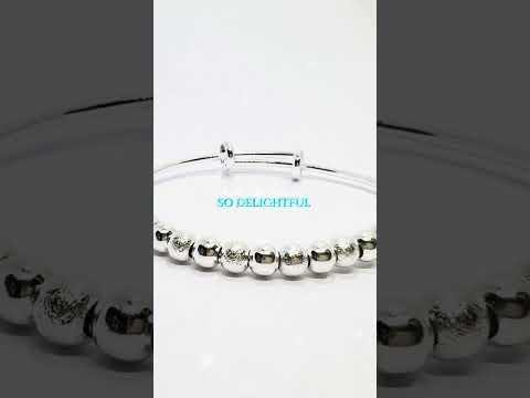 925 Sterling Silver Beaded Bangle – Polished & Textured Sphere Bracelet with Adjustable Open End