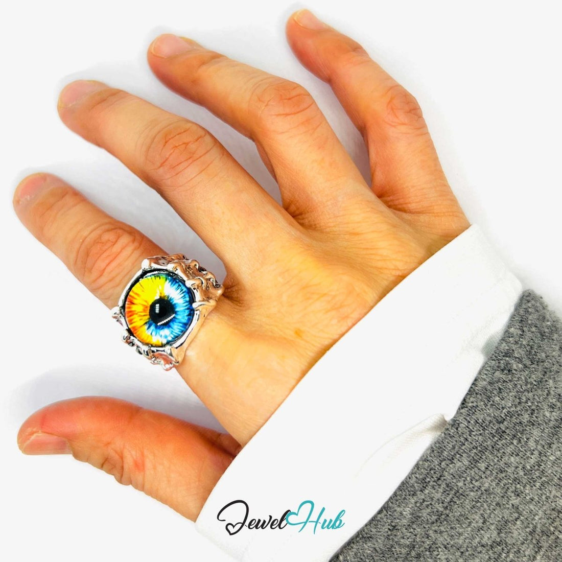 Silver - Plated Eye Punk Ring – Fixed Size O | 11.55g Vibrant Iris in Clawed Rebellion - JewelHub.co.uk