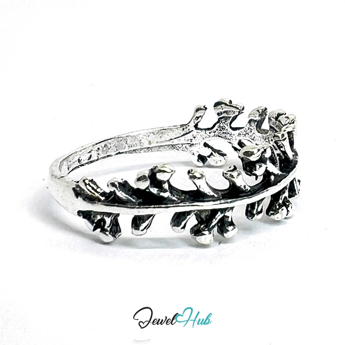 Punk Leaf Branch Ring · Zinc Alloy · Silver‑Plated Sculptural Vine - JewelHub.co.uk
