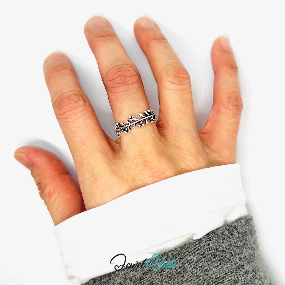 Punk Leaf Branch Ring · Zinc Alloy · Silver‑Plated Sculptural Vine - JewelHub.co.uk