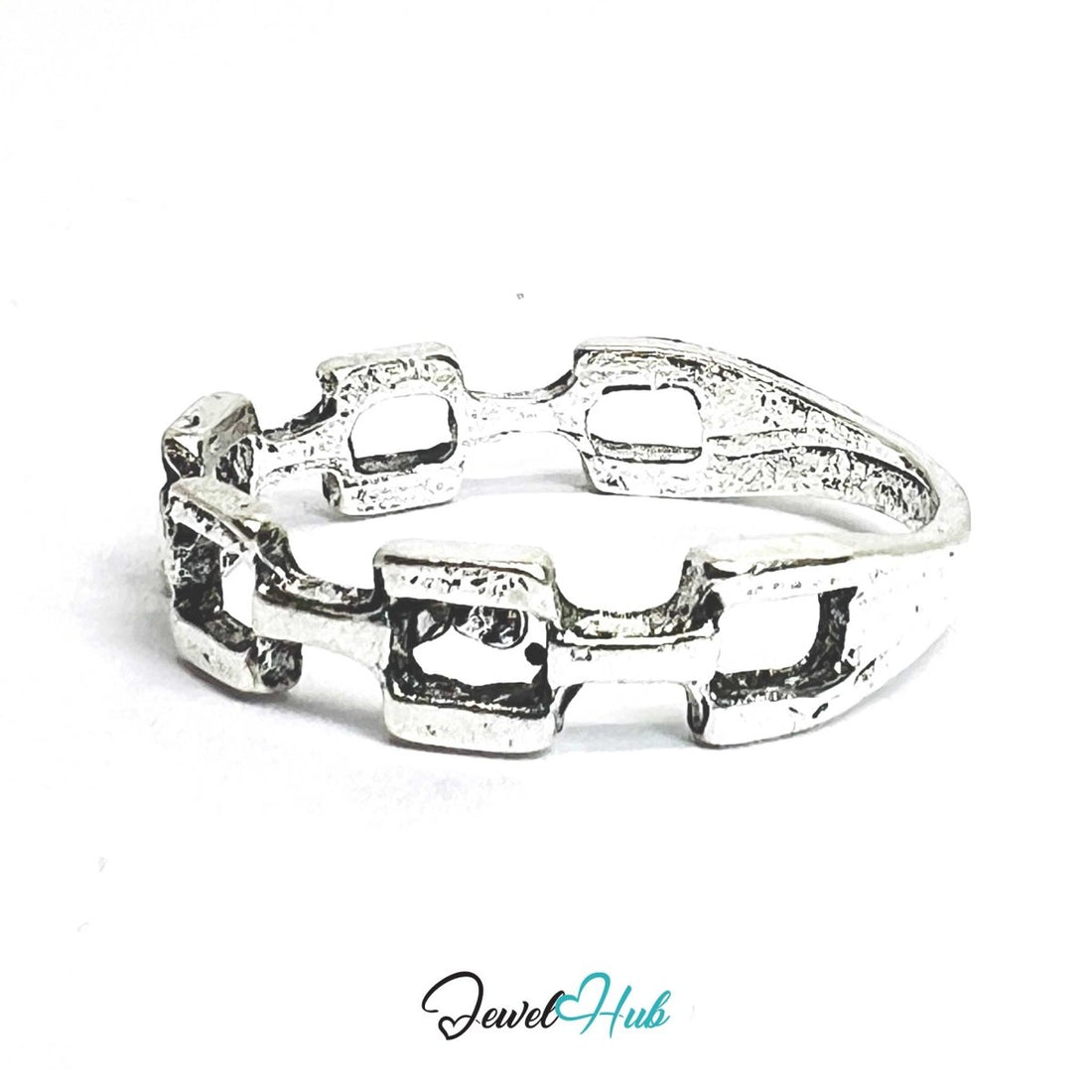 Punk Rectangle Chain Ring · Zinc Alloy · Silver‑Plated Sculptural Link - JewelHub.co.uk