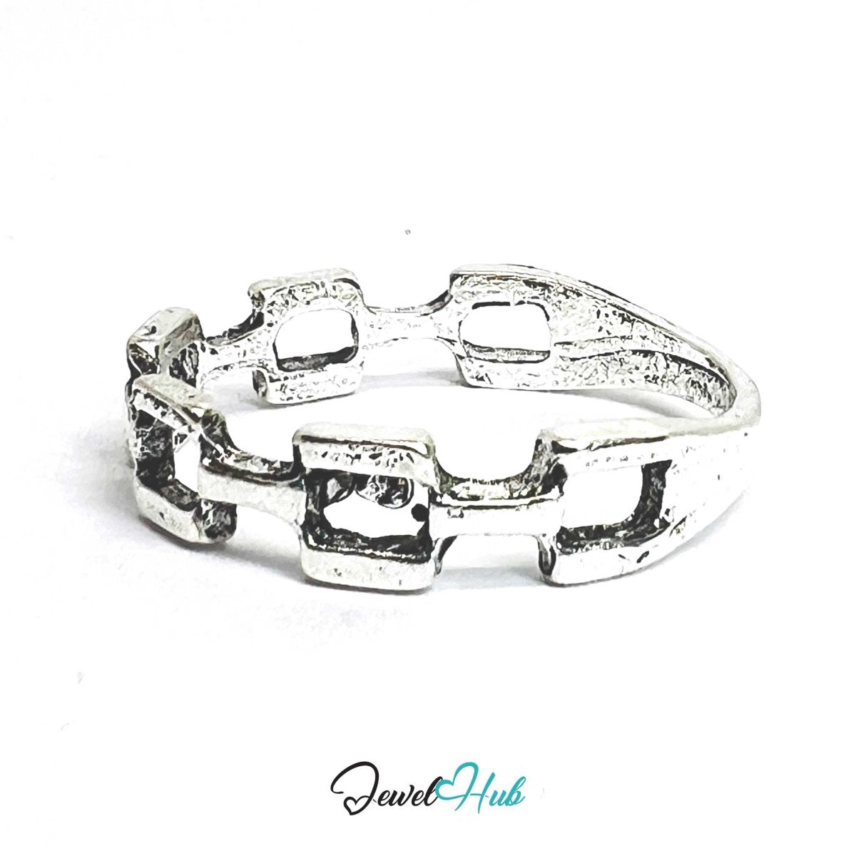 Punk Rectangle Chain Ring · Zinc Alloy · Silver‑Plated Sculptural Link - JewelHub.co.uk