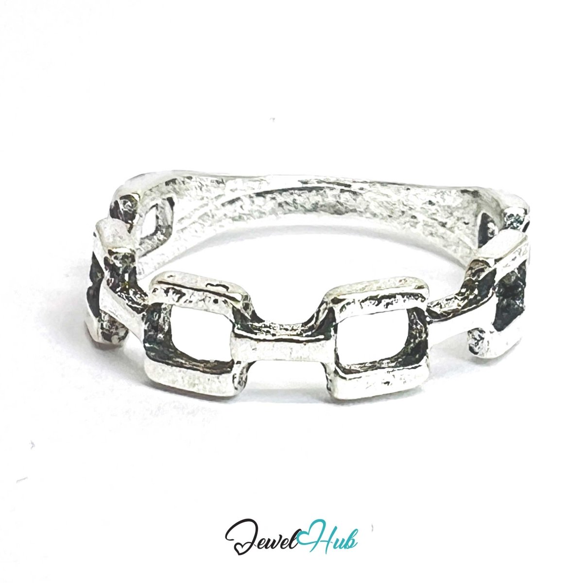 Punk Rectangle Chain Ring · Zinc Alloy · Silver‑Plated Sculptural Link - JewelHub.co.uk