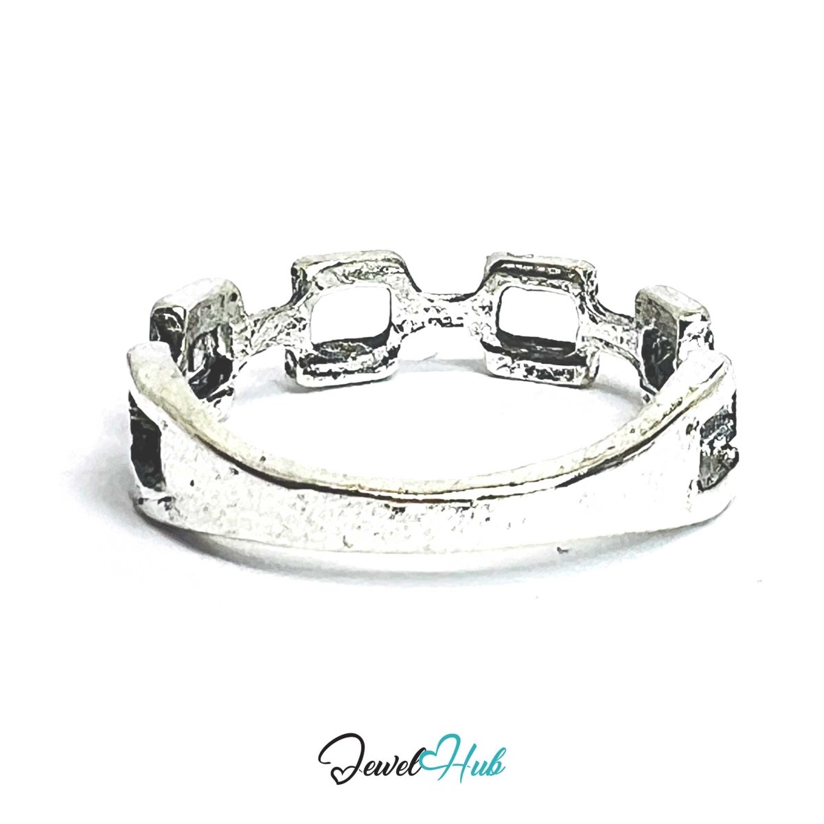 Punk Rectangle Chain Ring · Zinc Alloy · Silver‑Plated Sculptural Link - JewelHub.co.uk