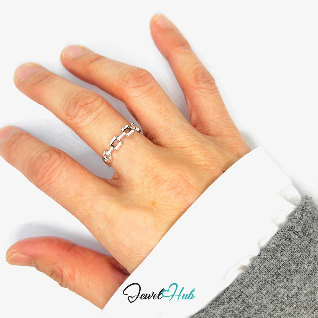 Punk Rectangle Chain Ring · Zinc Alloy · Silver‑Plated Sculptural Link - JewelHub.co.uk