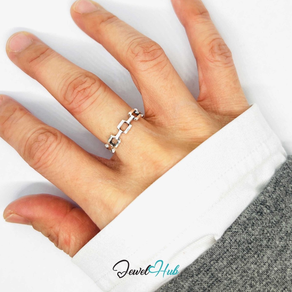 Punk Rectangle Chain Ring · Zinc Alloy · Silver‑Plated Sculptural Link - JewelHub.co.uk