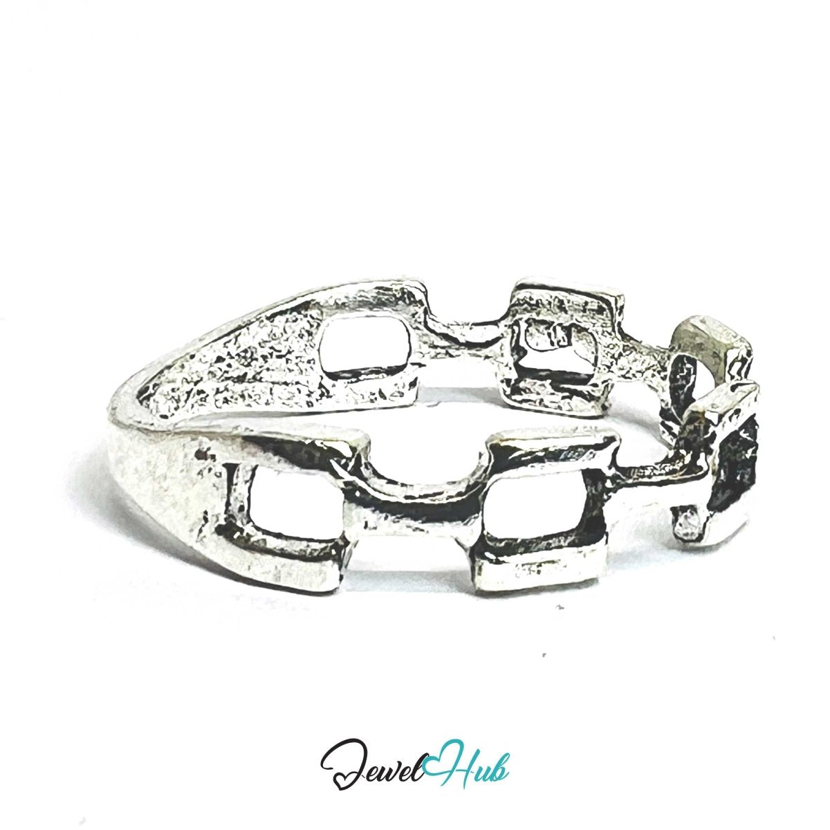 Punk Rectangle Chain Ring · Zinc Alloy · Silver‑Plated Sculptural Link - JewelHub.co.uk