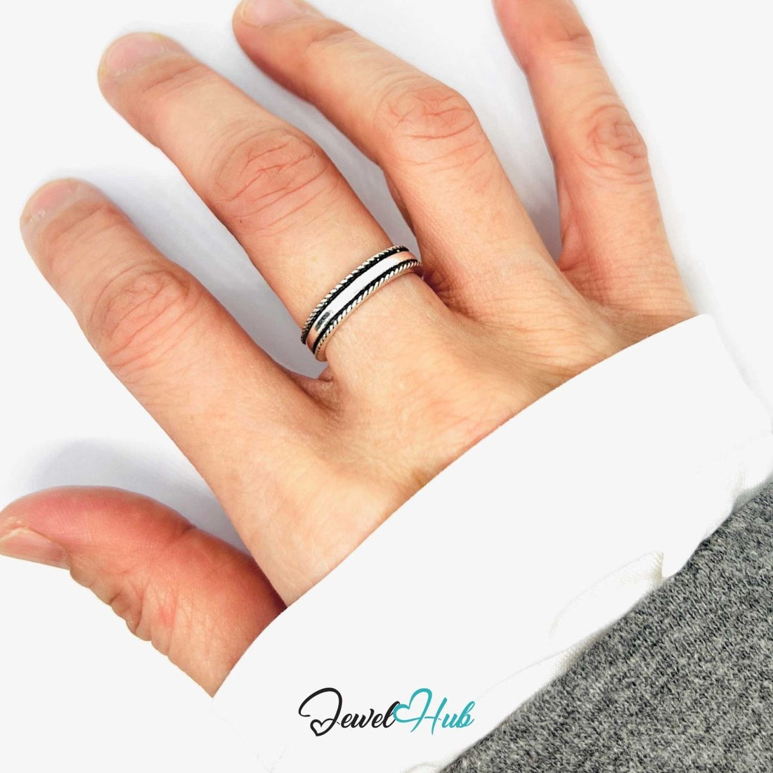 Punk Rugged Frame Ring · Zinc Alloy · Silver‑Plated Braided Edge - JewelHub.co.uk