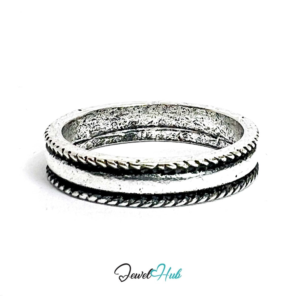 Punk Rugged Frame Ring · Zinc Alloy · Silver‑Plated Braided Edge - JewelHub.co.uk