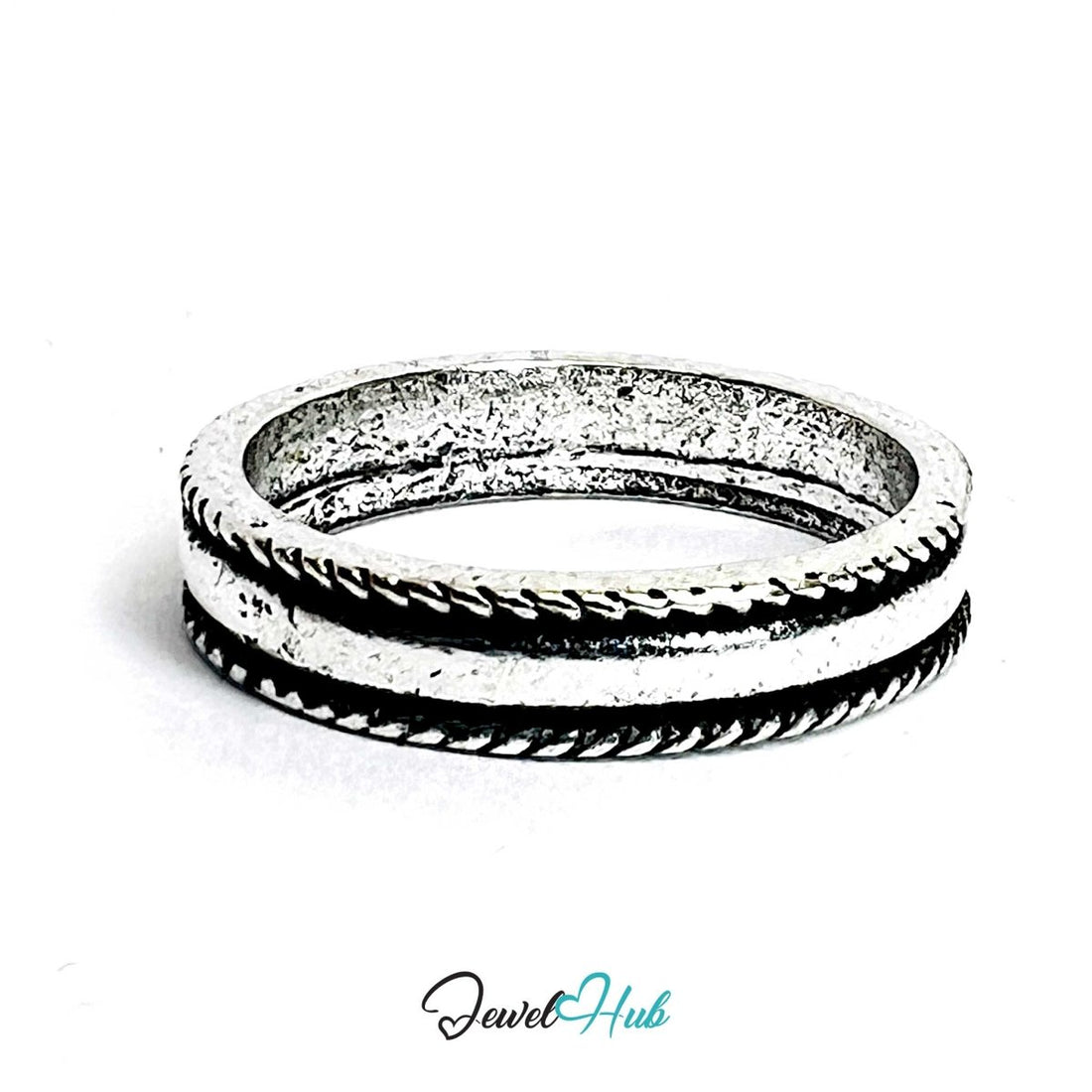 Punk Rugged Frame Ring · Zinc Alloy · Silver‑Plated Braided Edge - JewelHub.co.uk