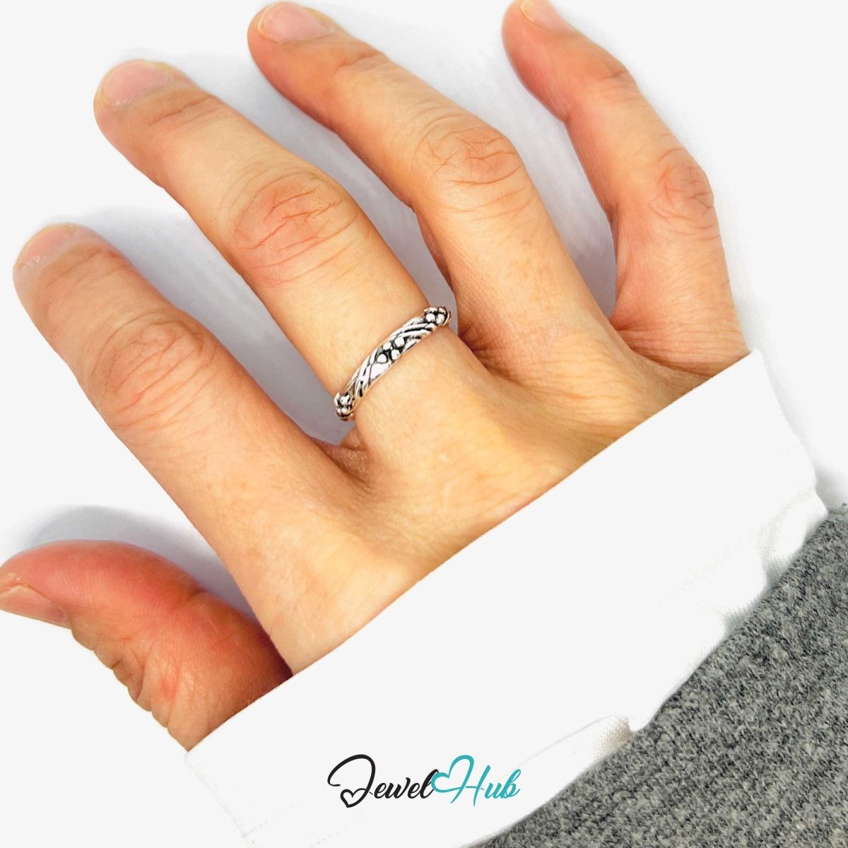 Punk Vine Scroll Ring · Zinc Alloy · Silver‑Plated Engraved Nature Design - JewelHub.co.uk