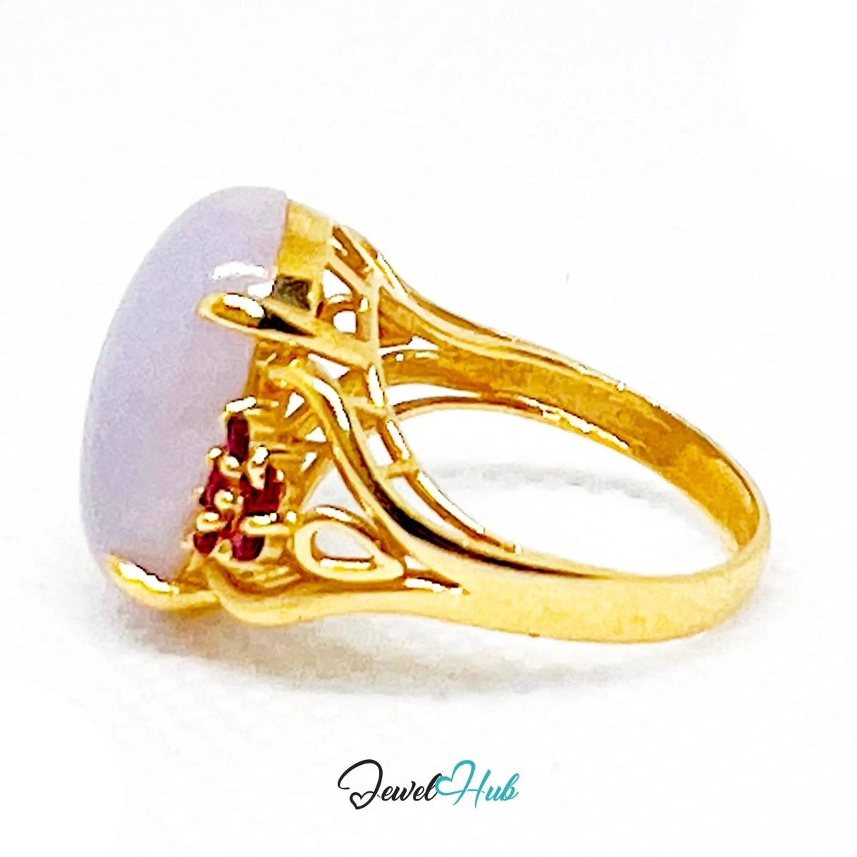 Purple Jade Ring in 14K Gold – Crowny Ruby Accent | Hallmarked (585) | UK P / US 8 | Regal Stillness in Bloom - JewelHub.co.uk