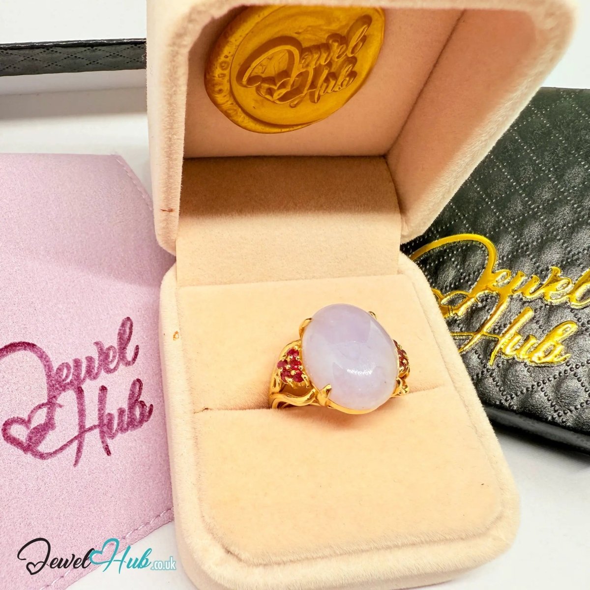 Purple Jade Ring in 14K Gold – Crowny Ruby Accent | Hallmarked (585) | UK P / US 8 | Regal Stillness in Bloom - JewelHub.co.uk