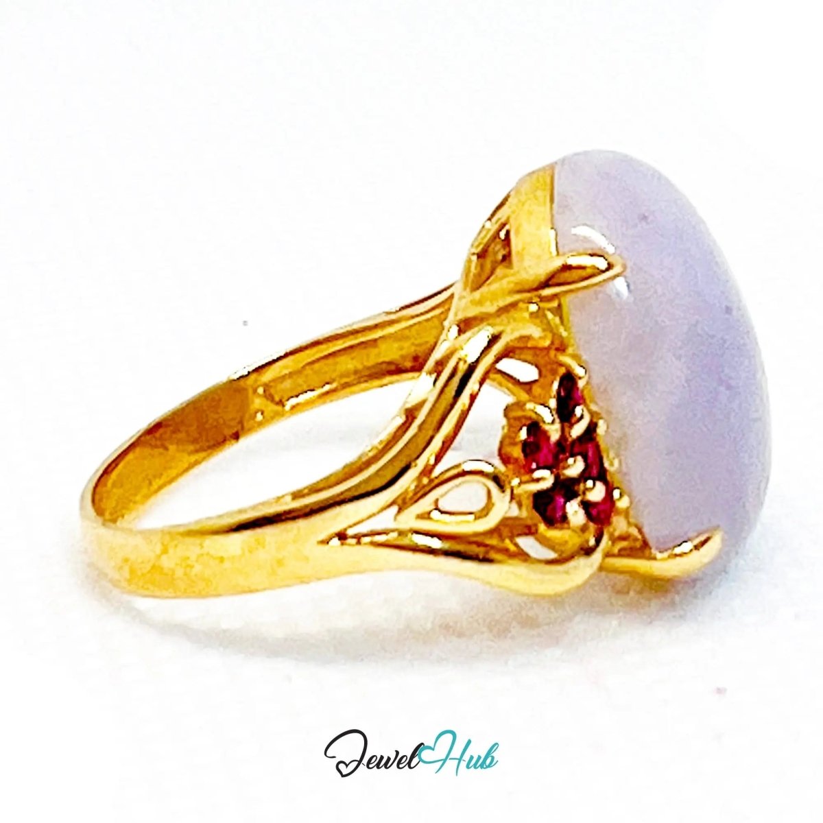 Purple Jade Ring in 14K Gold – Crowny Ruby Accent | Hallmarked (585) | UK P / US 8 | Regal Stillness in Bloom - JewelHub.co.uk