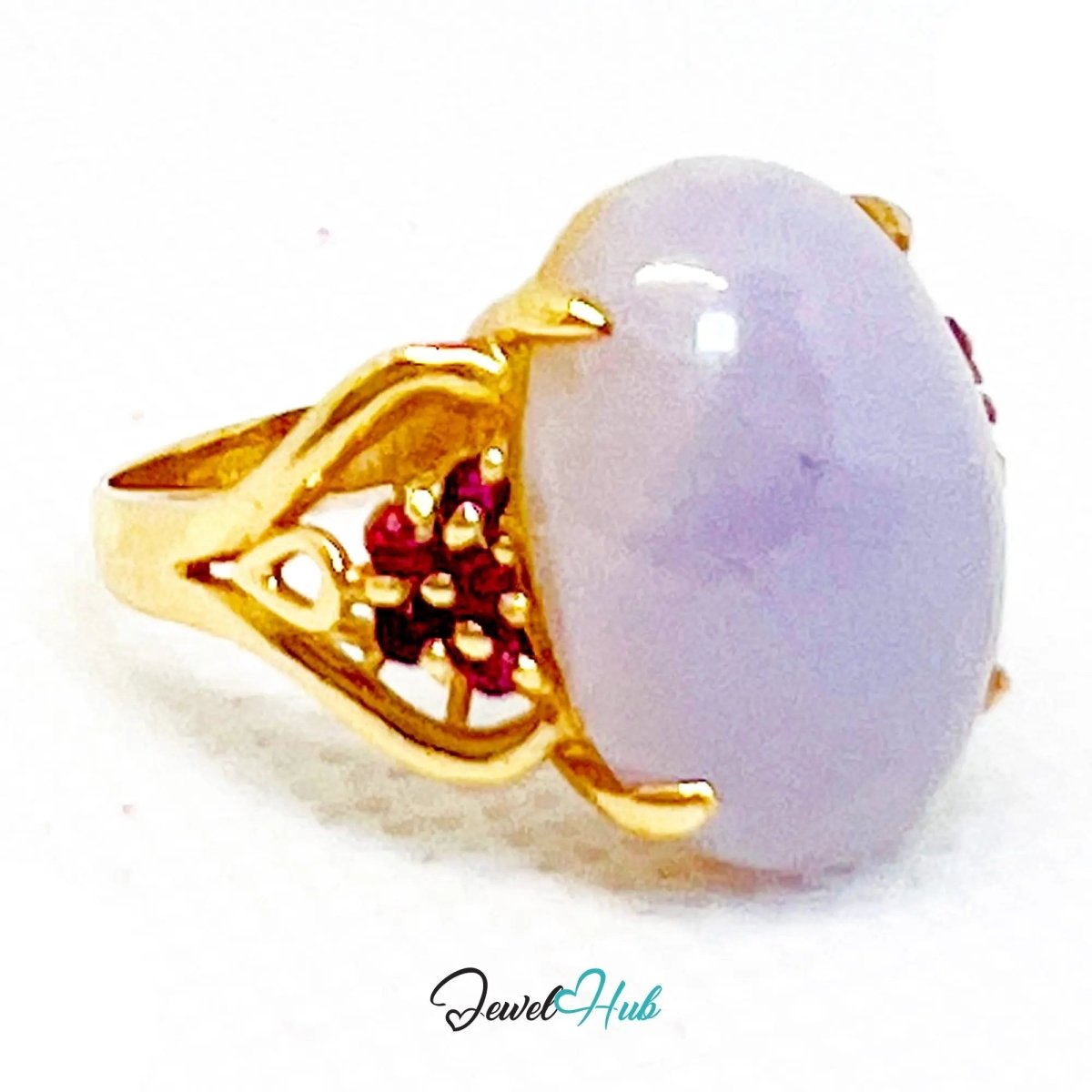 Purple Jade Ring in 14K Gold – Crowny Ruby Accent | Hallmarked (585) | UK P / US 8 | Regal Stillness in Bloom - JewelHub.co.uk