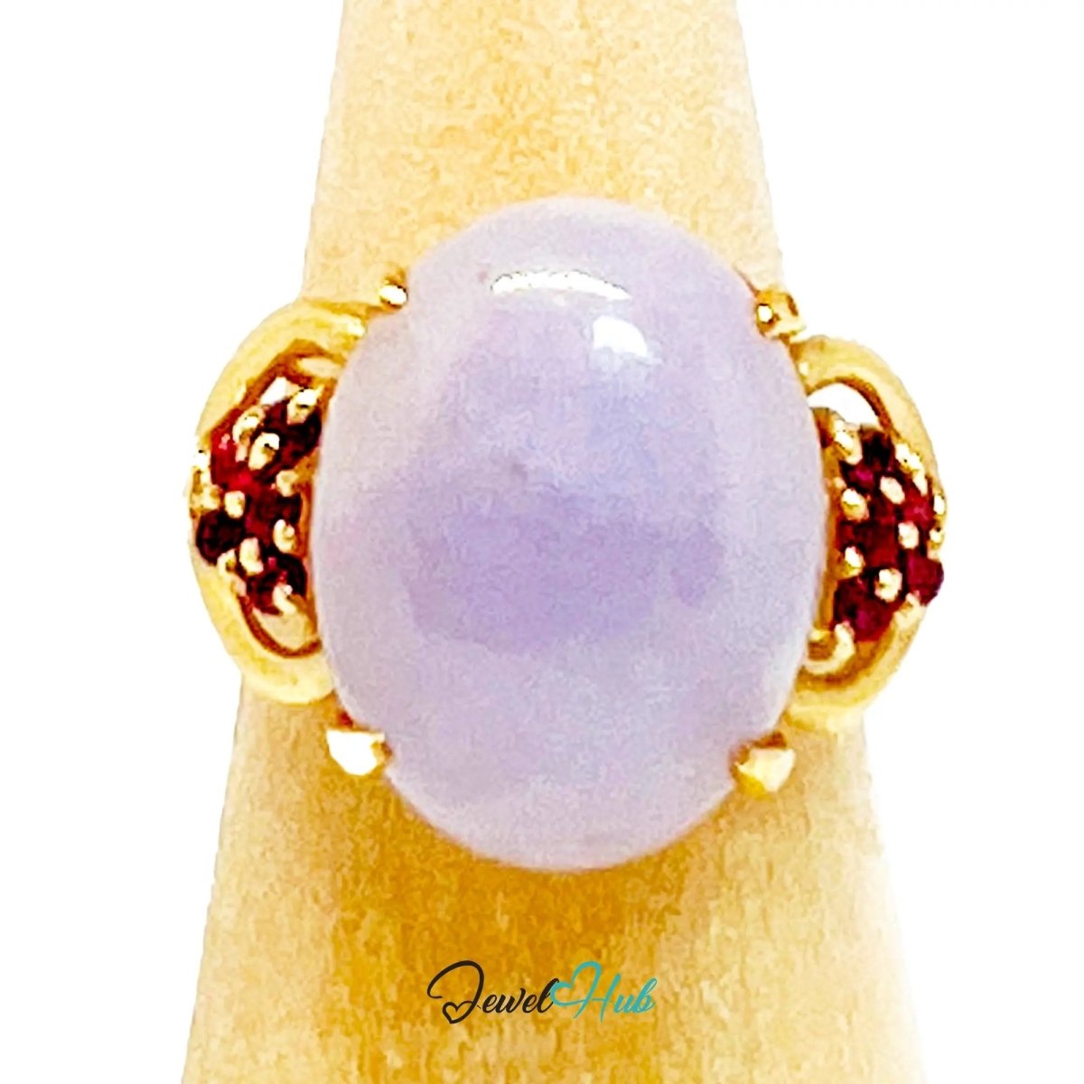Purple Jade Ring in 14K Gold – Crowny Ruby Accent | Hallmarked (585) | UK P / US 8 | Regal Stillness in Bloom - JewelHub.co.uk