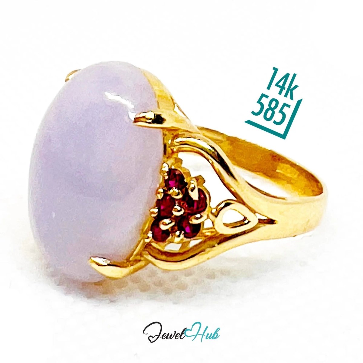 Purple Jade Ring in 14K Gold – Crowny Ruby Accent | Hallmarked (585) | UK P / US 8 | Regal Stillness in Bloom - JewelHub.co.uk