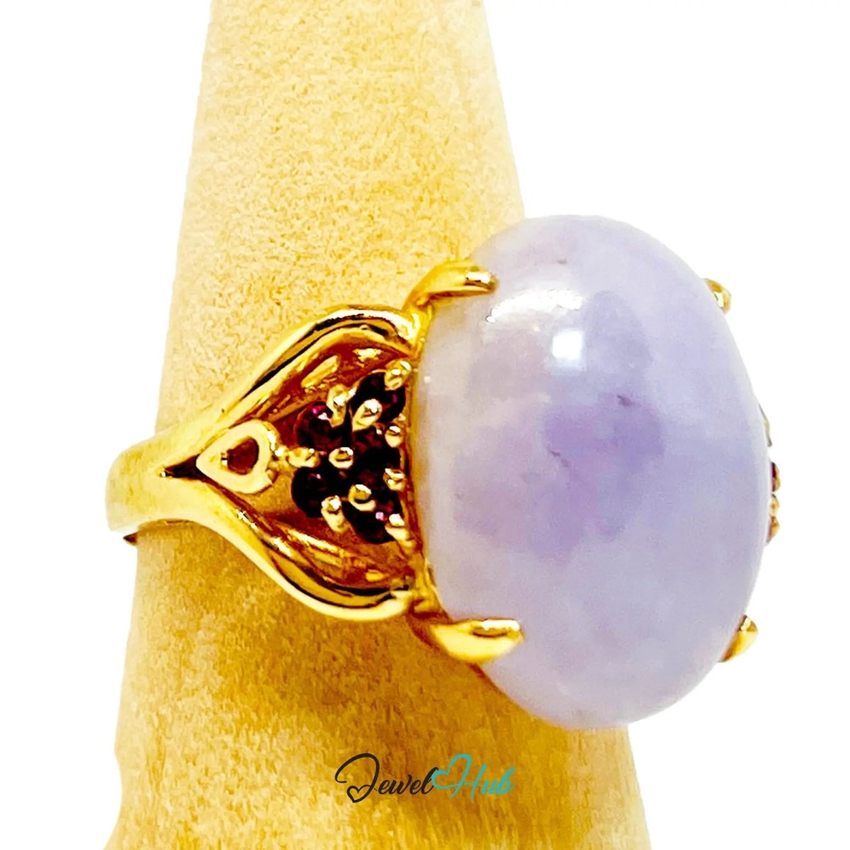 Purple Jade Ring in 14K Gold – Crowny Ruby Accent | Hallmarked (585) | UK P / US 8 | Regal Stillness in Bloom - JewelHub.co.uk