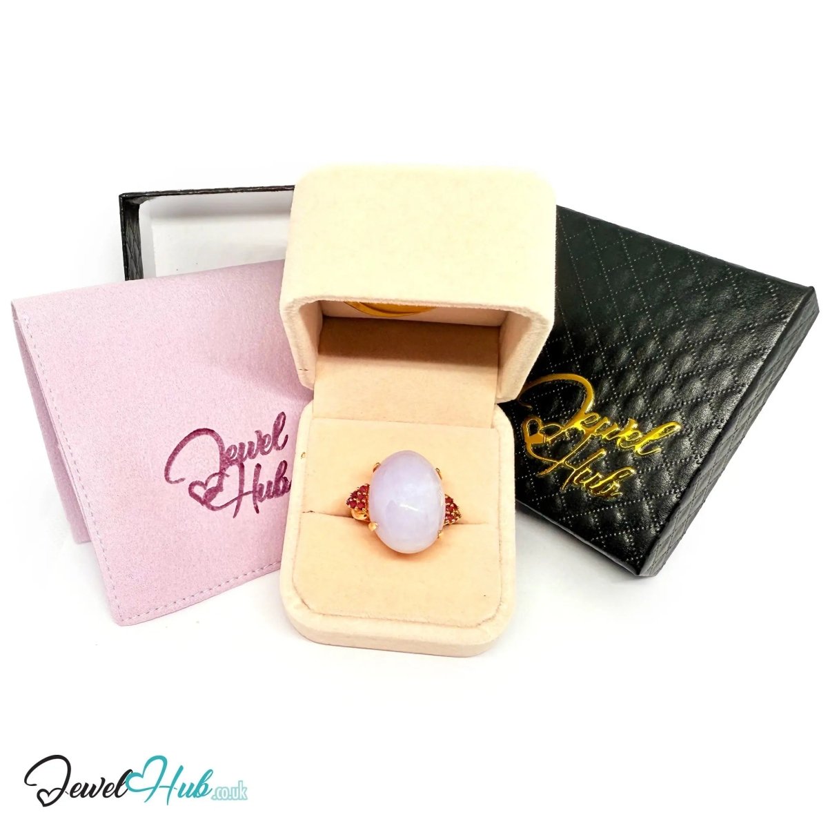 Purple Jade Ring in 14K Gold – Crowny Ruby Accent | Hallmarked (585) | UK P / US 8 | Regal Stillness in Bloom - JewelHub.co.uk