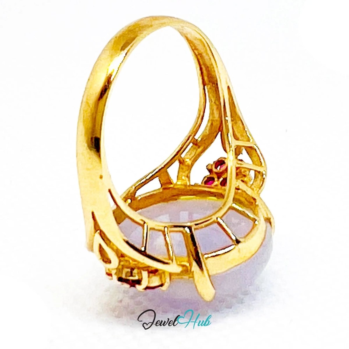 Purple Jade Ring in 14K Gold – Crowny Ruby Accent | Hallmarked (585) | UK P / US 8 | Regal Stillness in Bloom - JewelHub.co.uk