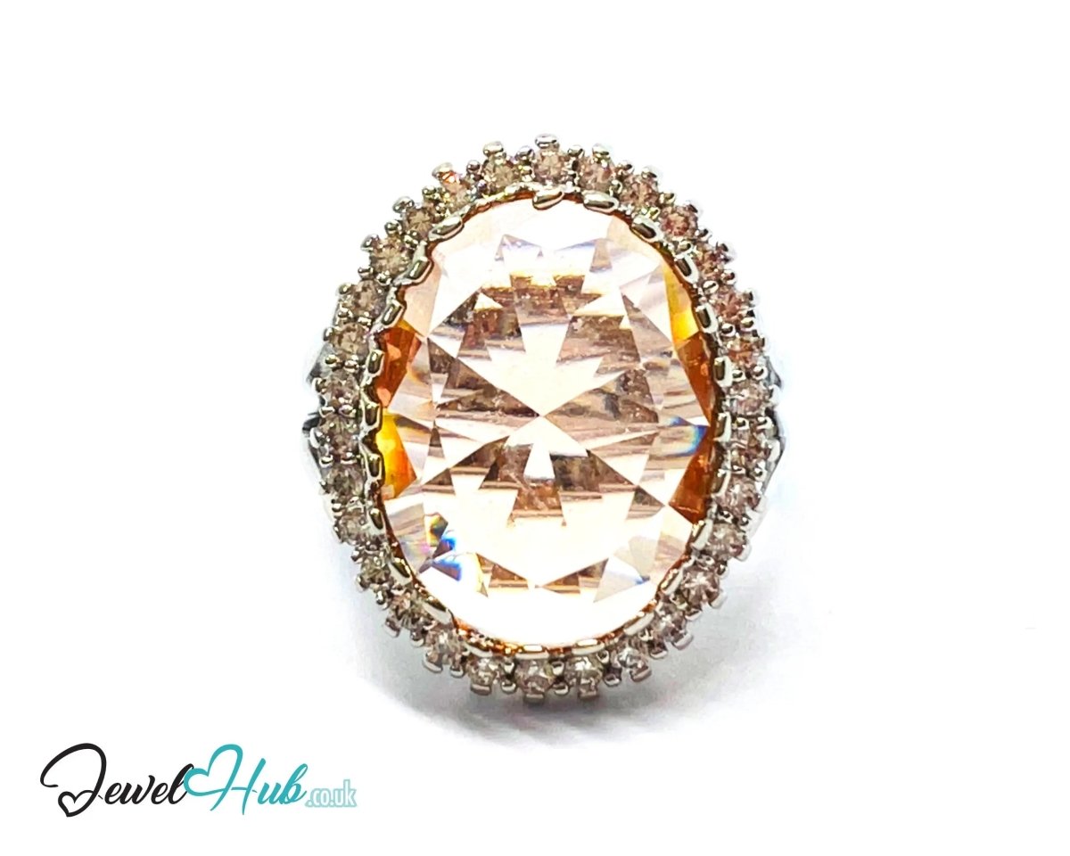 Radiant Regal Ring 🔱 Premium Copper · Silver Plated · Over - Cut Center Stone · Halo Zirconia Detail - JewelHub.co.uk