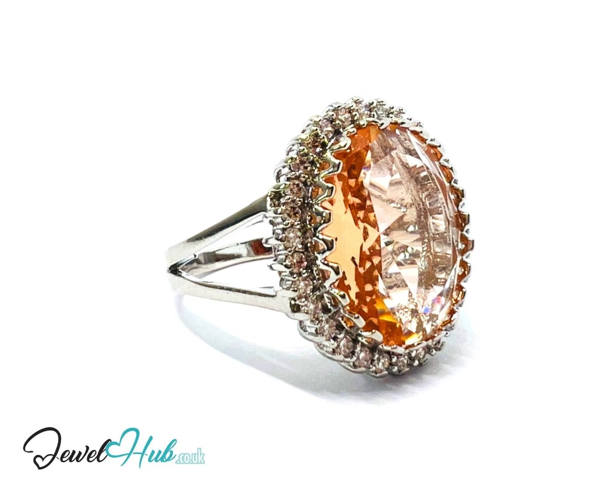 Radiant Regal Ring 🔱 Premium Copper · Silver Plated · Over - Cut Center Stone · Halo Zirconia Detail - JewelHub.co.uk