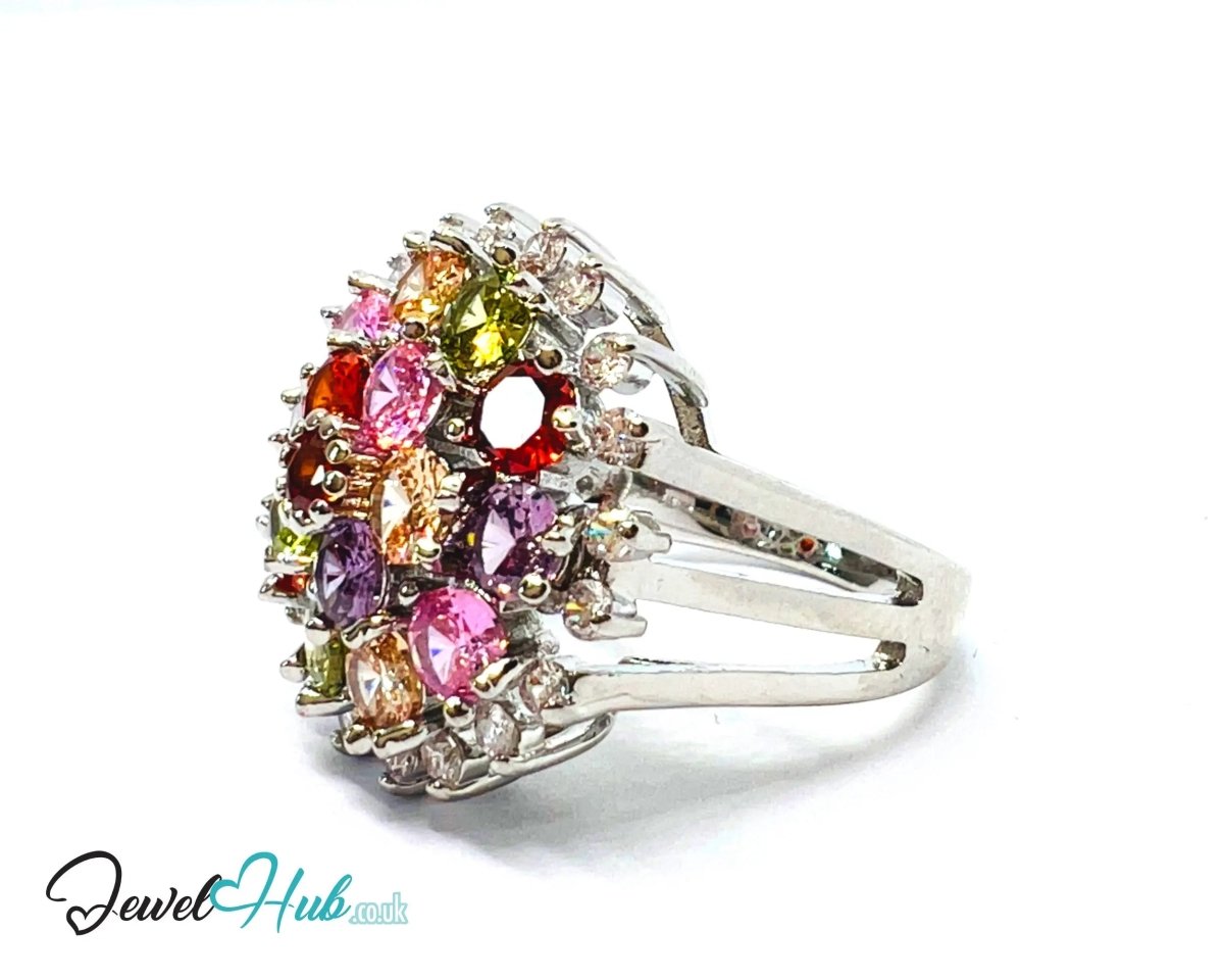Rainbow Bloom Ring 🔱 🌈 Premium Copper · Silver Plated · UK S · US 9.5 · Ruby - Like Center · Gemstone Spectrum Halo - JewelHub.co.uk