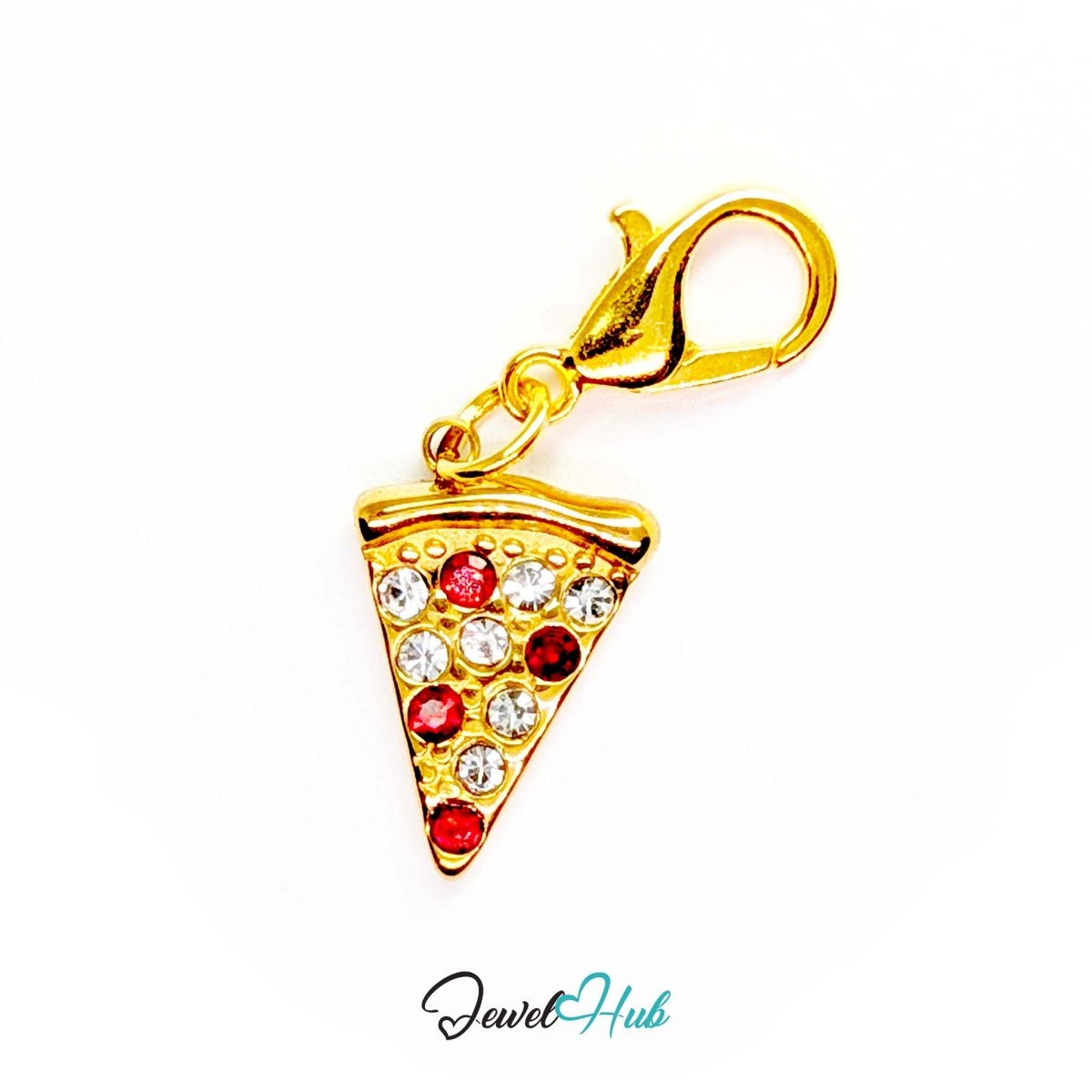 Pizza slice charm in gold stainless steel set with clear and red crystals - shown with the lobster clasp attached - JewelHub
