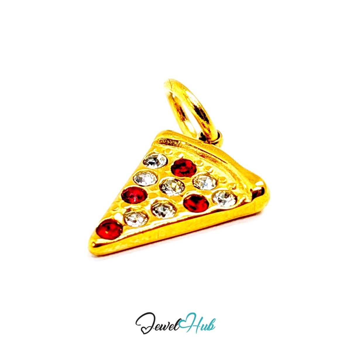 Pizza slice charm in gold stainless steel set with clear and red crystals - angled view - JewelHub