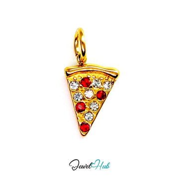 Pizza slice charm in gold stainless steel set with clear and red crystals - front view - JewelHub