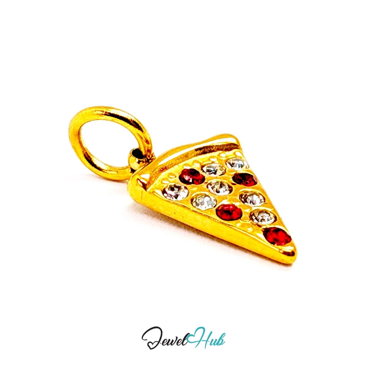 Pizza slice charm in gold stainless steel set with clear and red crystals - three-quarter view - JewelHub
