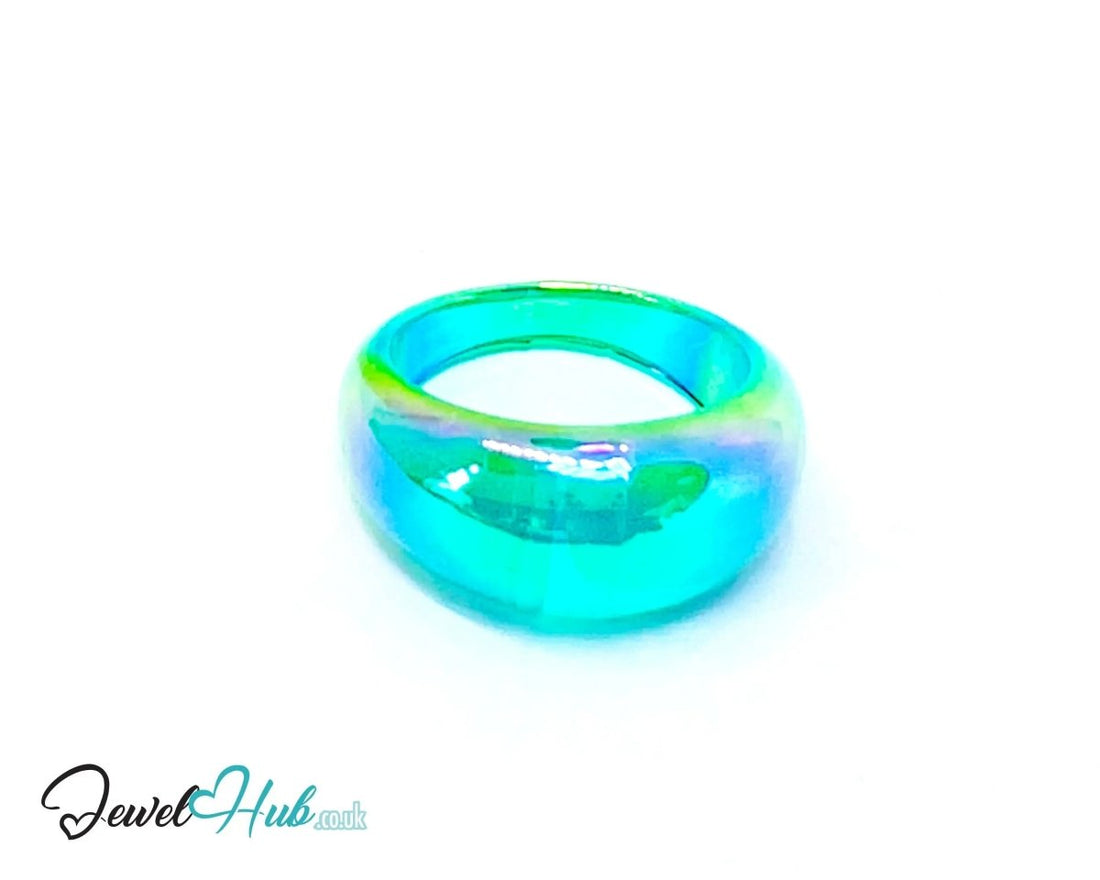 Resin Ring 🧊 Cyan (Blue - Green) UK P · US 7.5 · Iridescent Sculptural Band - JewelHub.co.uk
