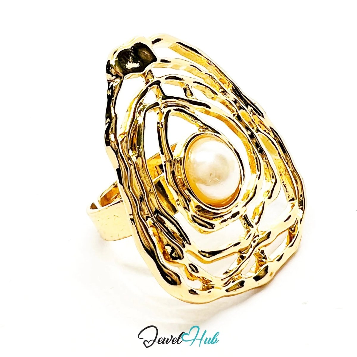 Ripple Pearl Ring – Adjustable Gold - Plated N–Q with Sculptural Setting for Poetic Clarity - JewelHub.co.uk