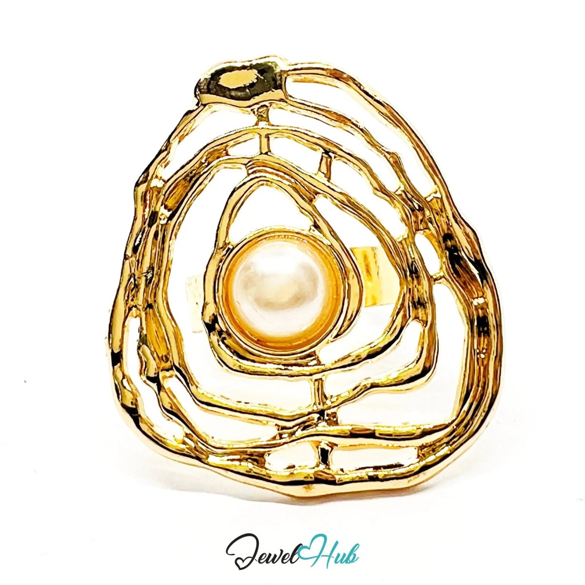 Ripple Pearl Ring – Adjustable Gold - Plated N–Q with Sculptural Setting for Poetic Clarity - JewelHub.co.uk